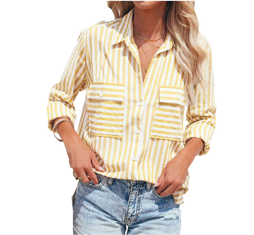 Women's Linen Cotton Washed Striped Single-breasted Long Blouses