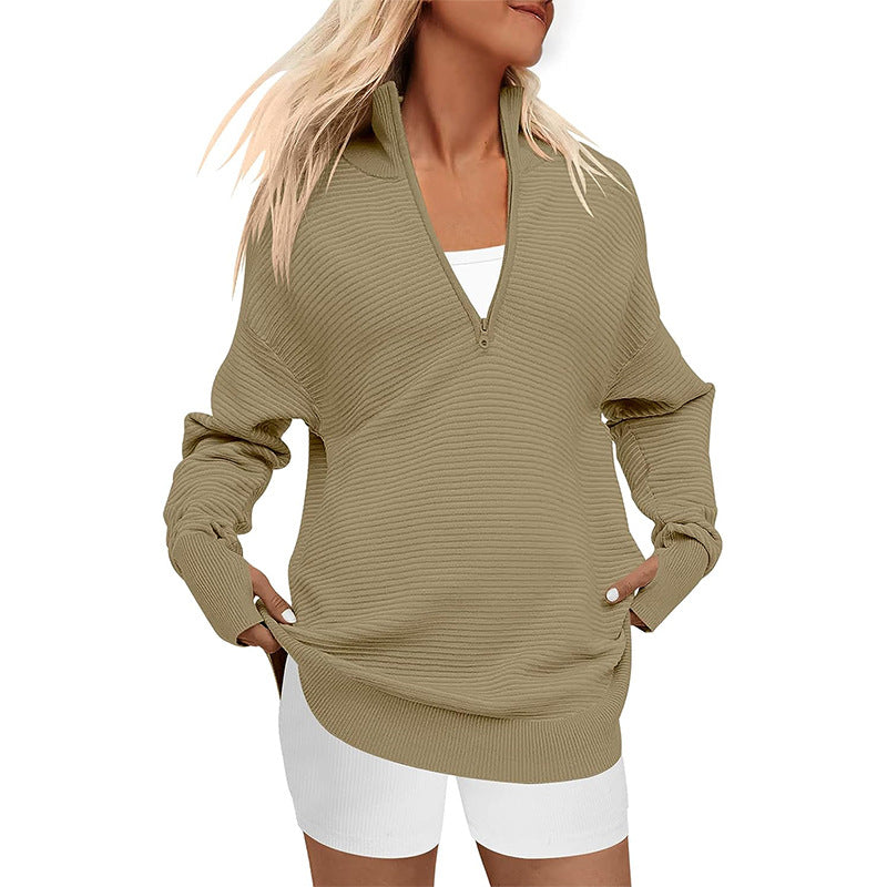 Women's Sleeve Half Zip Casual Rib Knitted Sweaters