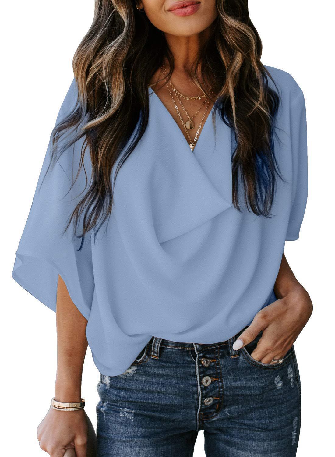 Women's Summer V-neck Loose Half Sleeve Blouses