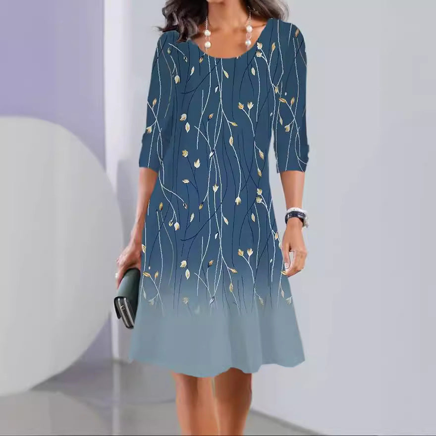 Print Long Sleeve Round Neck Mid-length Dresses