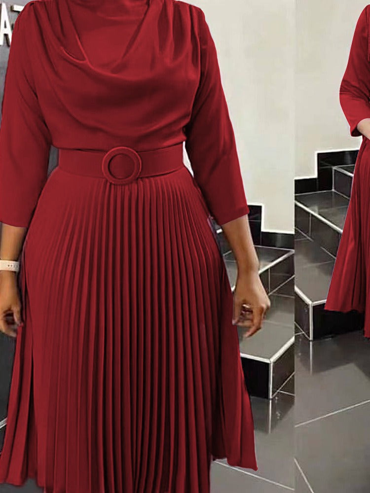 Women's Autumn Fashion African Solid Color Pleated Dresses