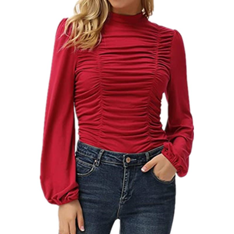 Women's Color Long Lantern Sleeve Turtleneck Pleated Blouses