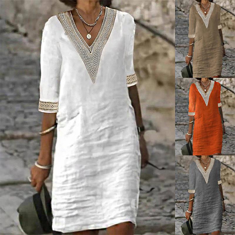 Women's Solid Color Half Sleeve Cotton Linen Dresses