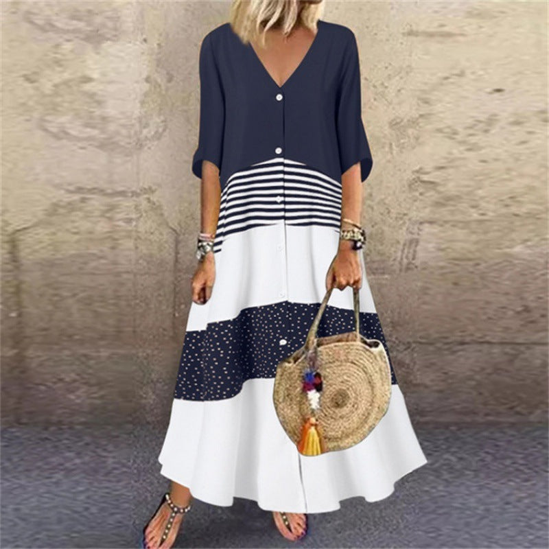 Summer V-neck Sleeve Printed Long Button Dresses