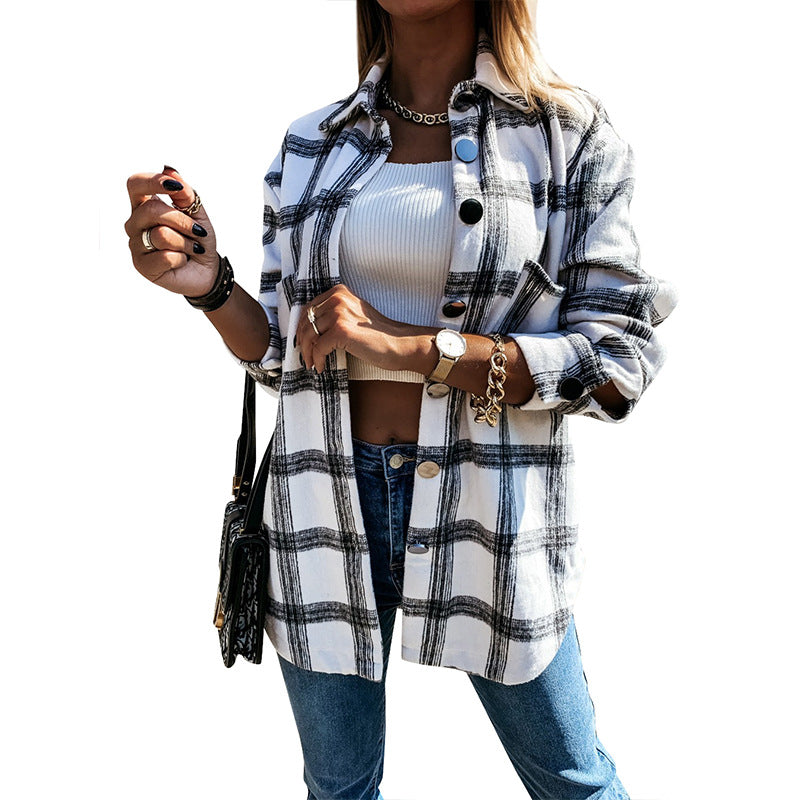 Women's Plaid Shirt Loose Mid-length Woolen Coats