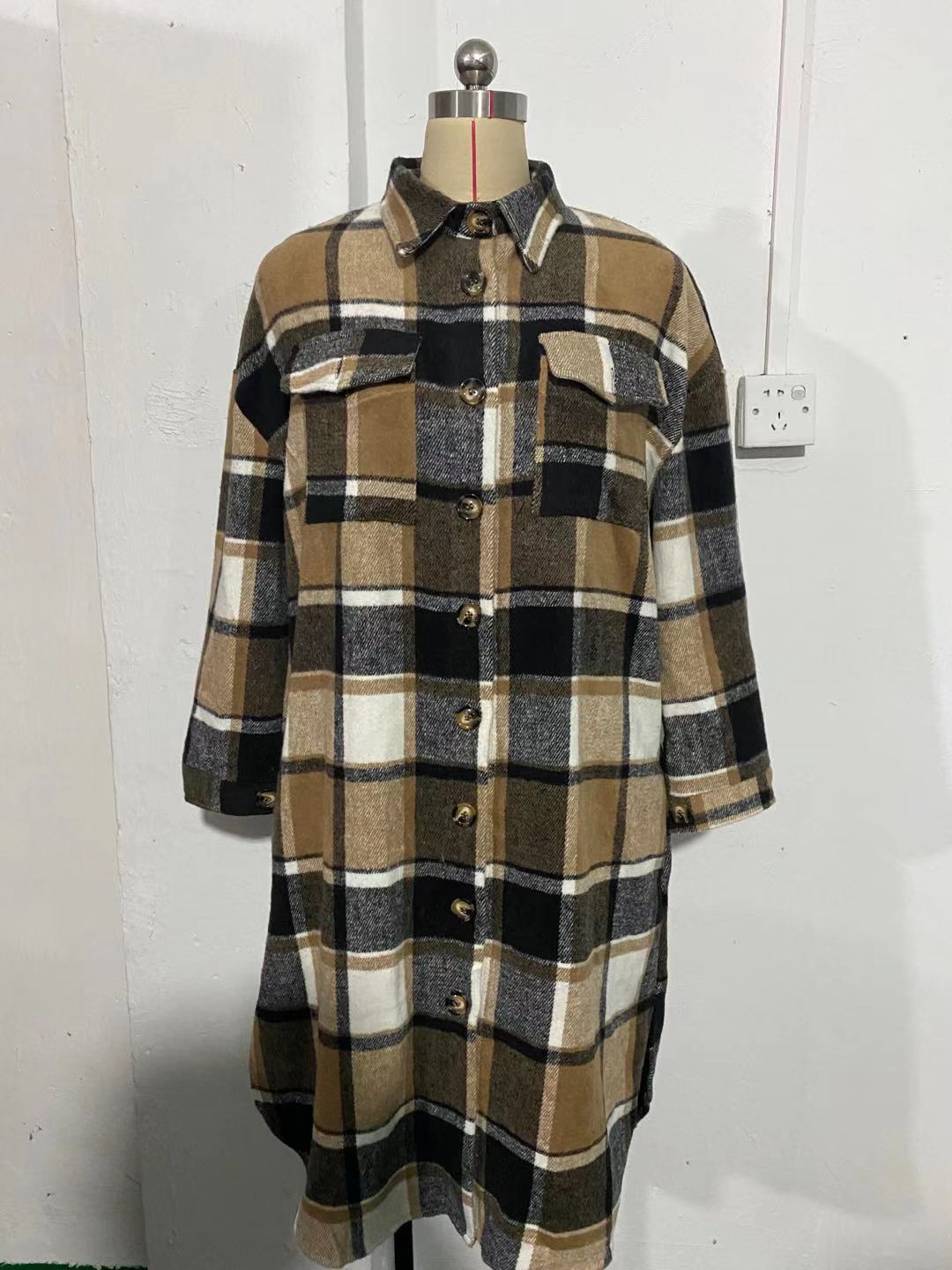 Women's Long Slit Woolen Plaid Trench Coats