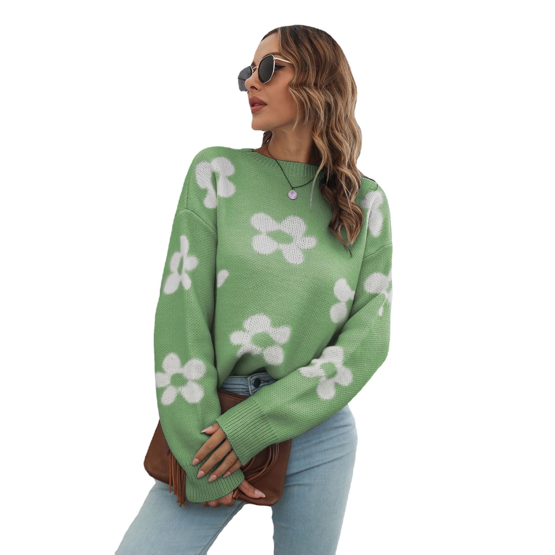 Women's Flower Brocade Loose Long Sleeve Daisy Sweaters