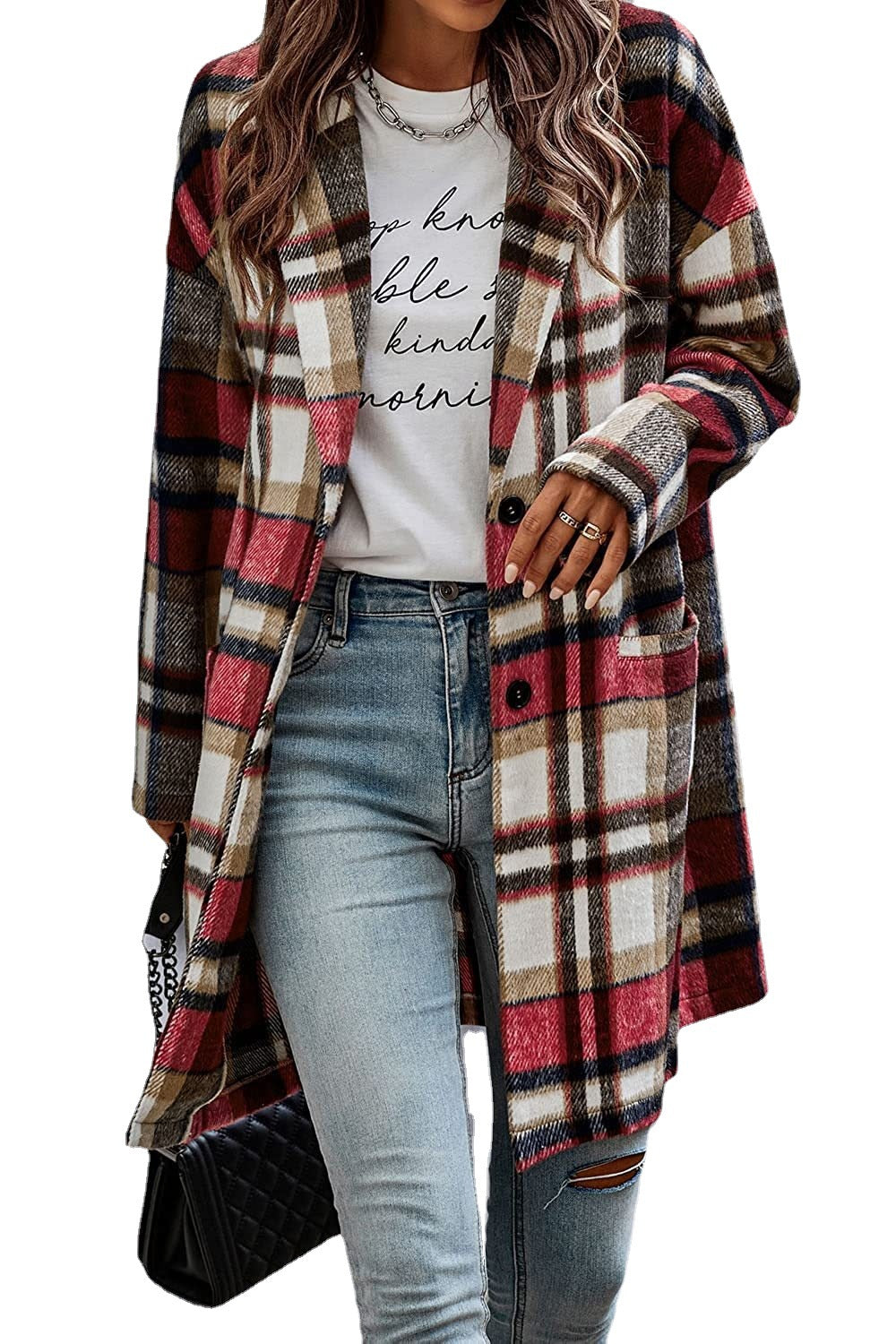 Graceful Women's Lapel Pocket Plaid Wool Coats