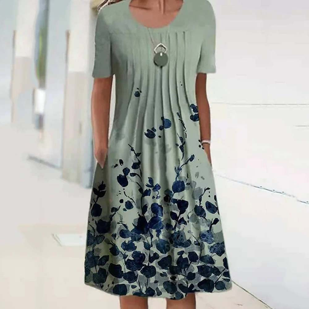 Women's Floral Print Round Neck Pocket Mid-length Dresses