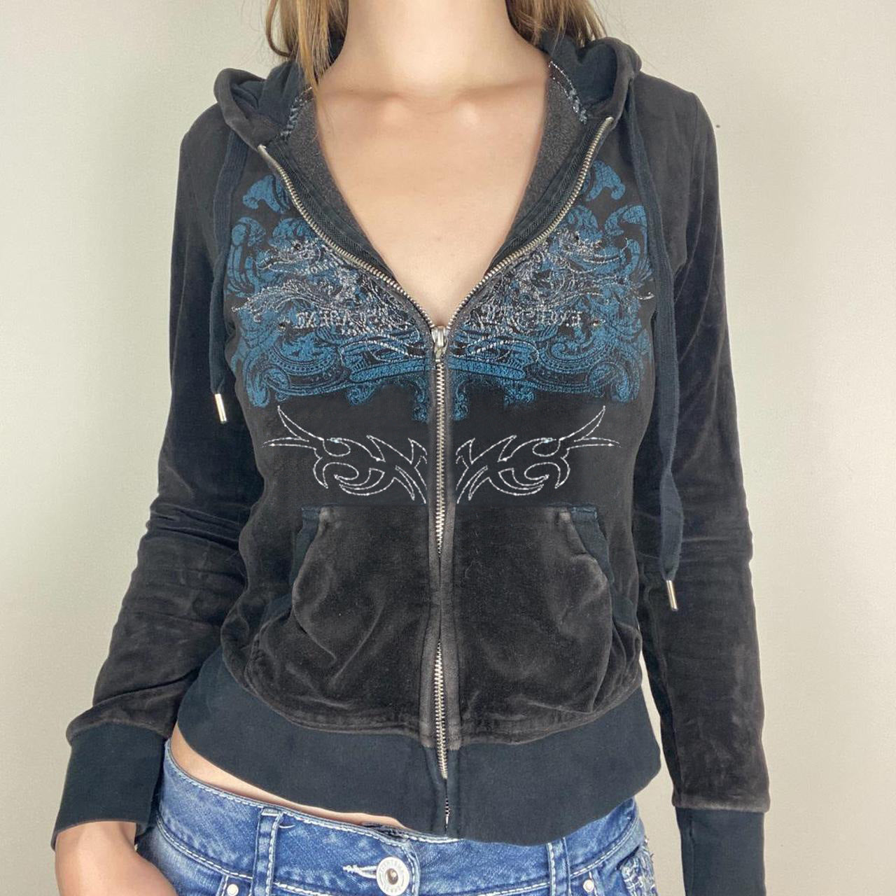 Women's Creative Printed Rhinestones Zip Hoodie Sweaters