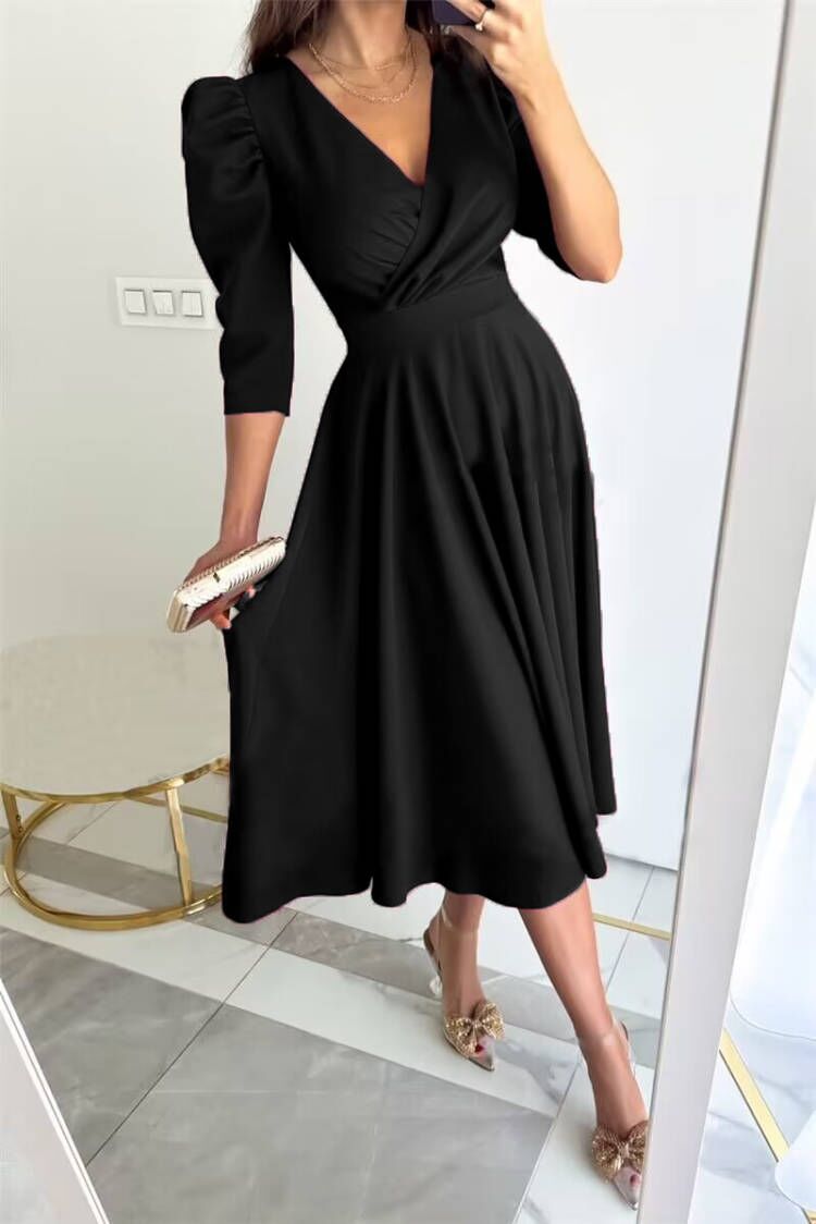 Women's Solid Color Pleated Waist Tight Sleeve Dresses