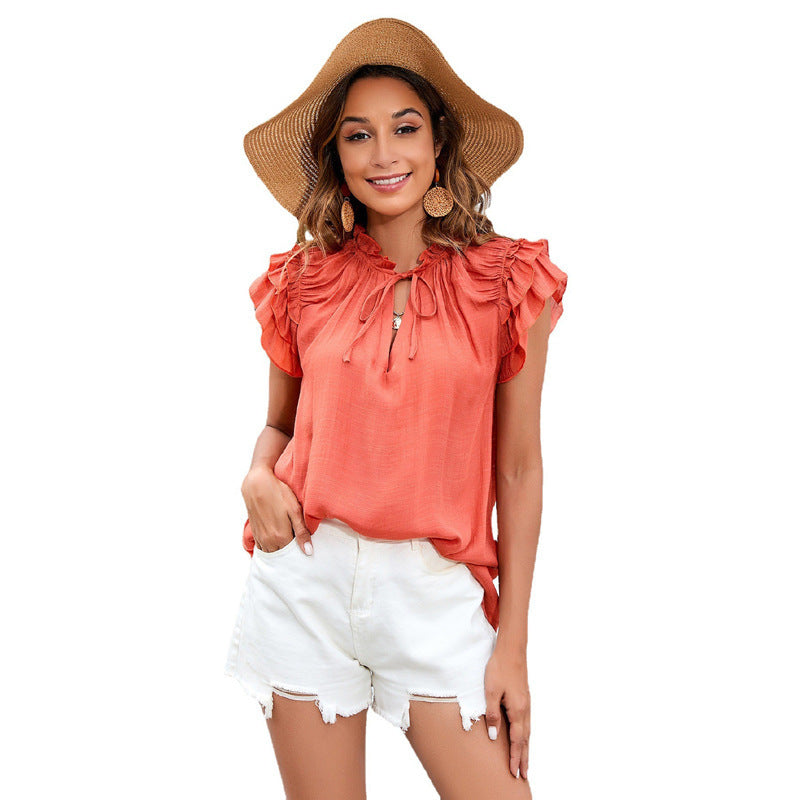 Women's Summer Loose Solid Color Ruffle Sleeve Blouses