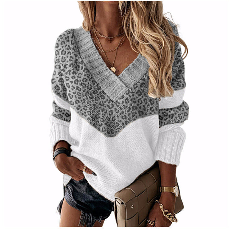 Women's Pullover V-neck Loose Color Matching Contrast Sweaters