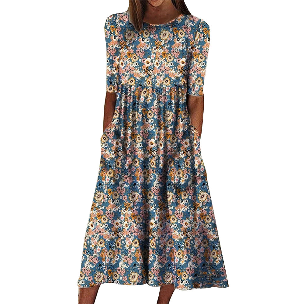 Women's Printed Round Neck Half Sleeve Loose Casual Dresses