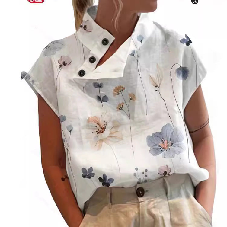 Women's Graceful Stand Collar Sleeve Digital Printing Blouses