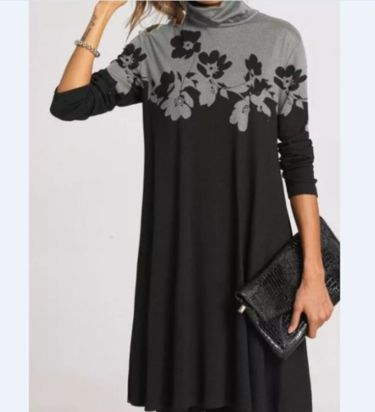 Women's Fashion Printed Collar Long Sleeves Loose Dresses