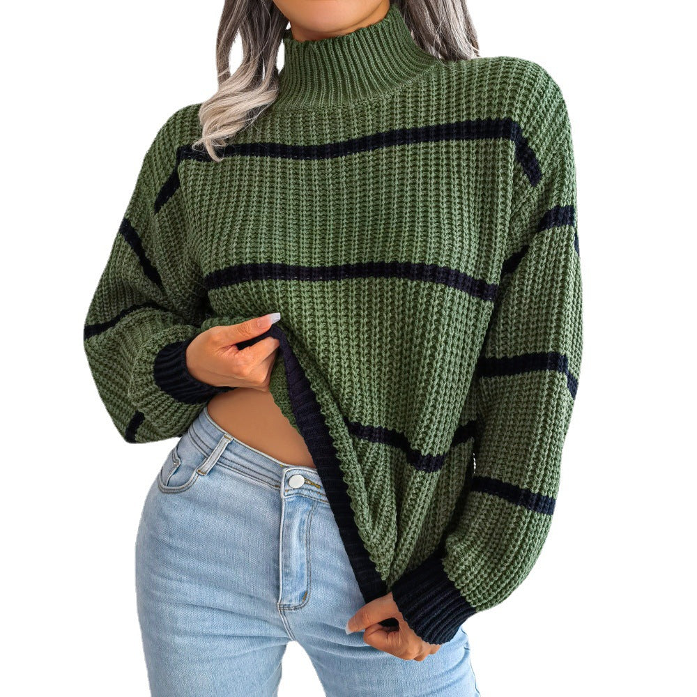Women's Casual Striped Lantern Sleeve Half Turtleneck Sweaters