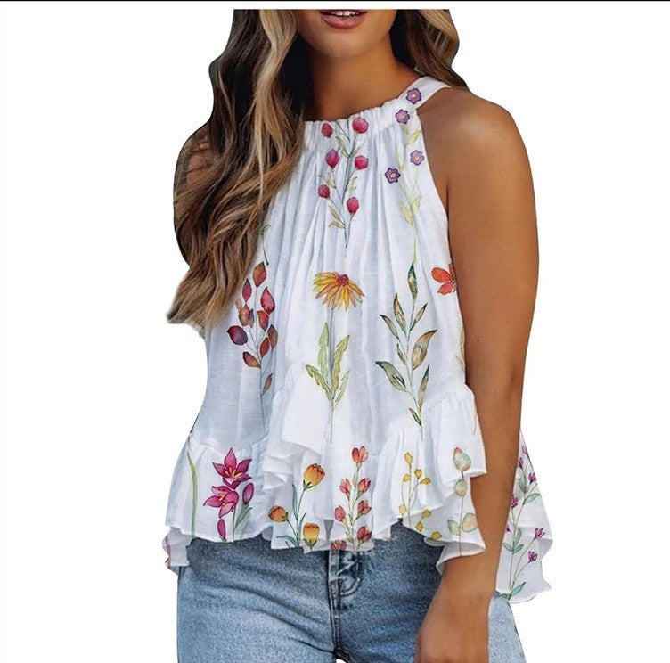 Women's Print Round Neck Halter Sexy Sleeveless Blouses