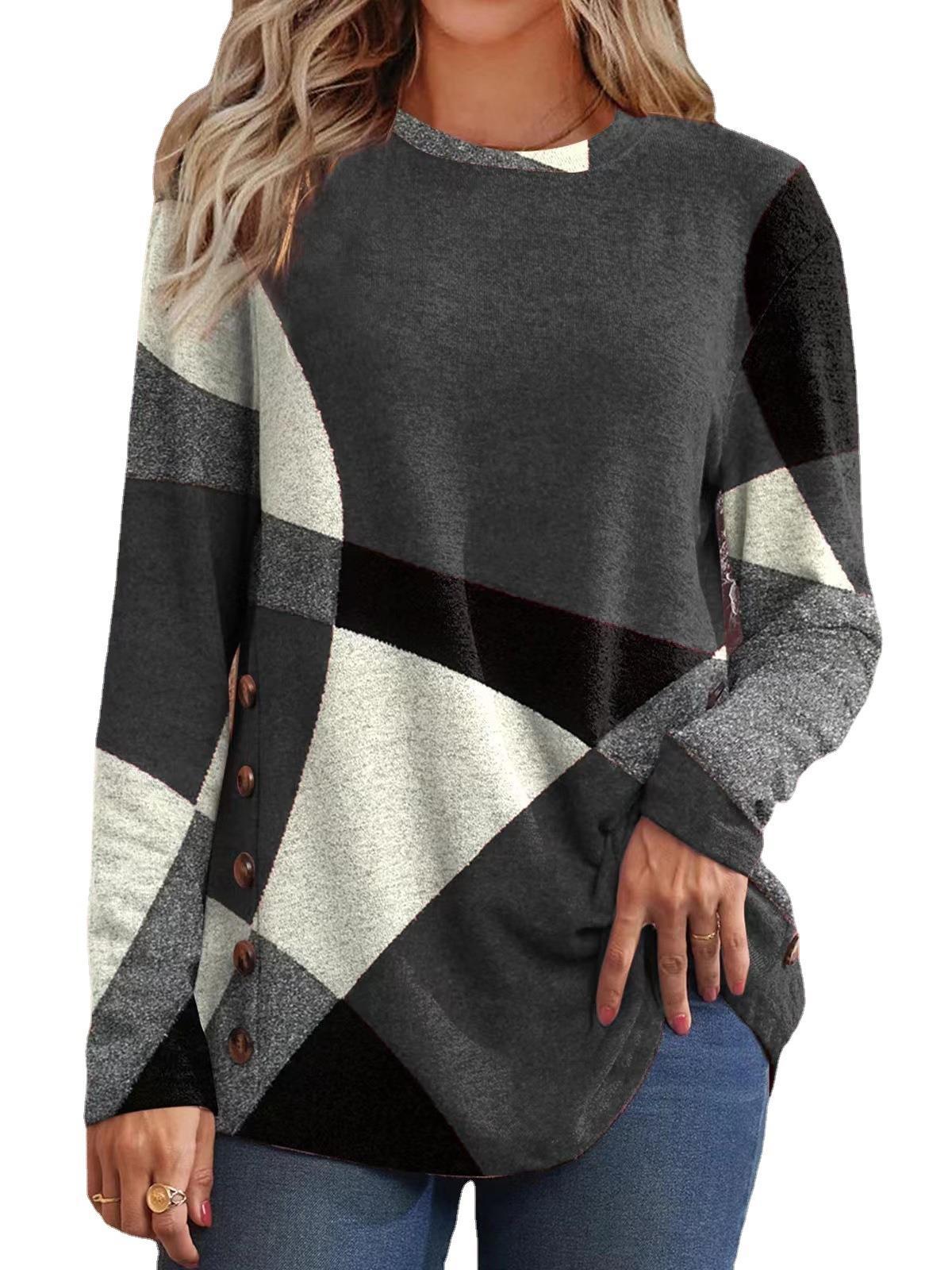 Women's French Cashmere Printing Color Contrast Long-sleeved Blouses