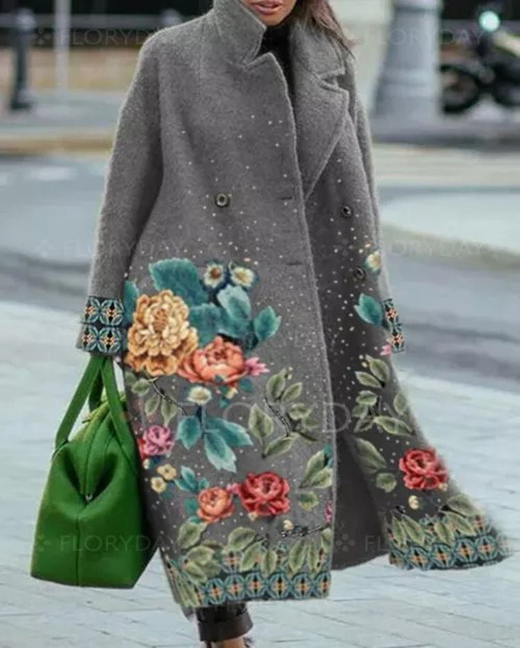 Women's Autumn Long Sleeve Collar Printed Woolen Coats