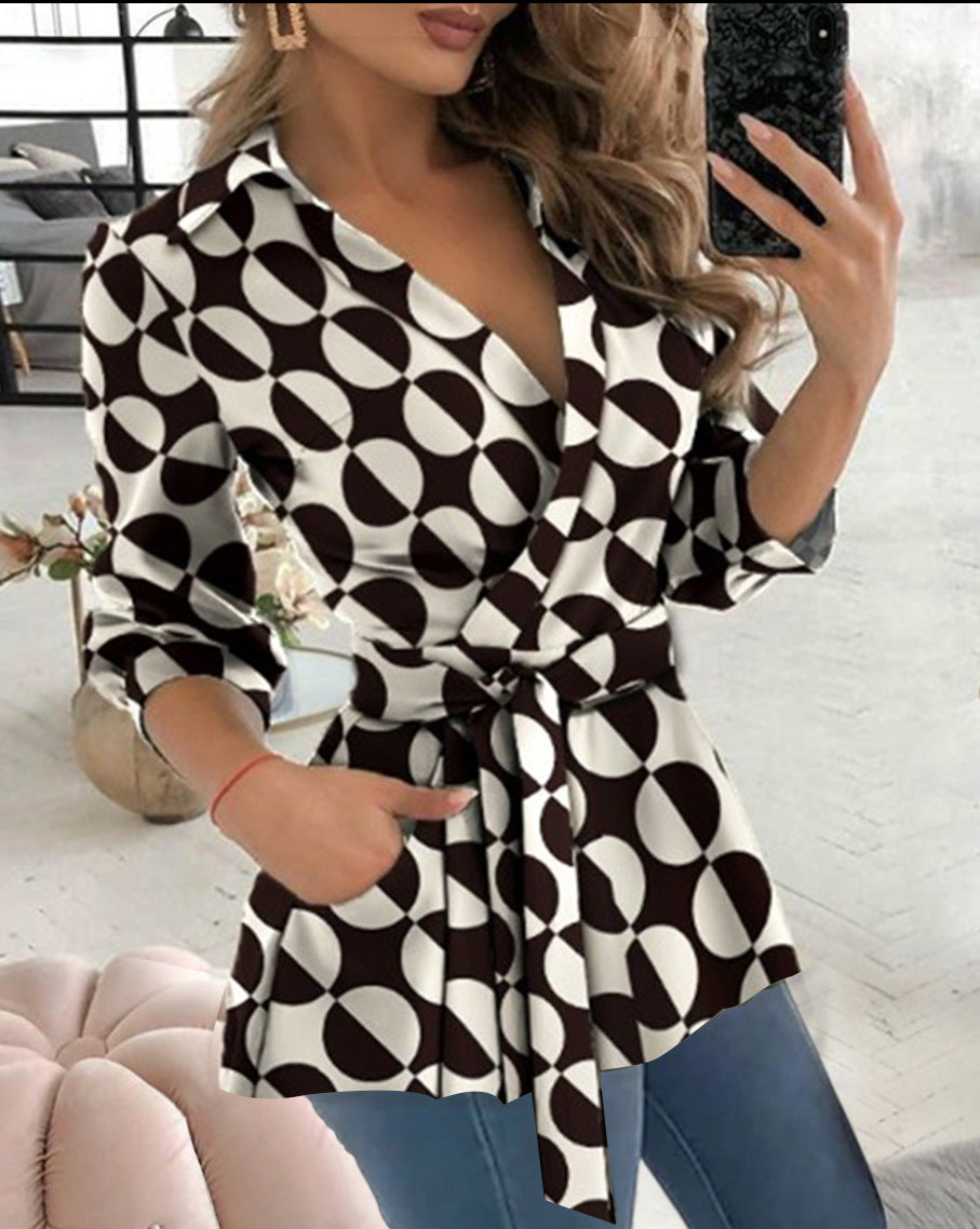 Women's Autumn Print Long Sleeve Belt Shirt Blouses