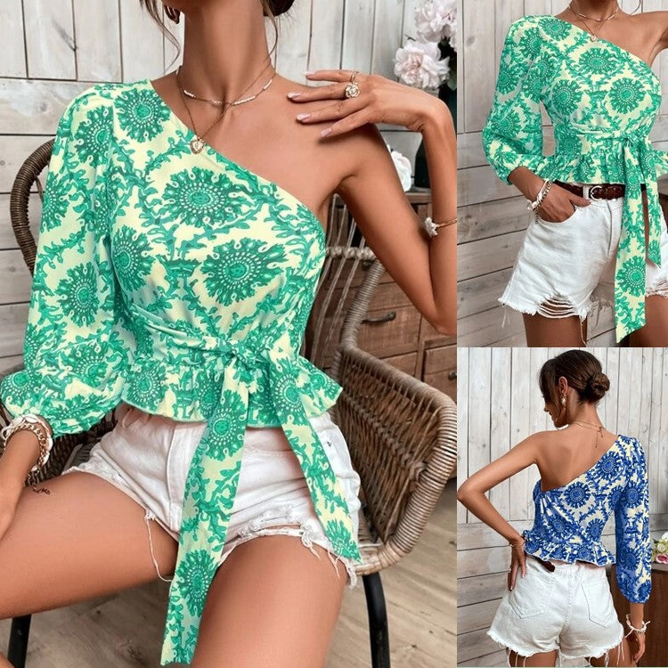 Summer Mandala Printed One-shoulder Lantern Sleeve Ruffled Blouses