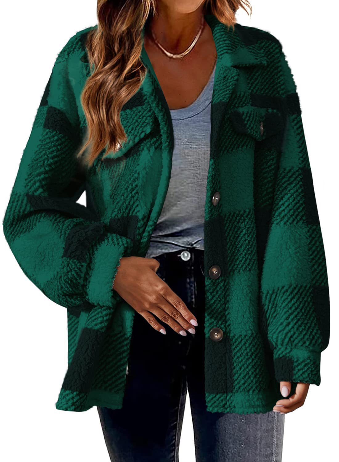 Women's Plaid With Pockets Button Plush Coats