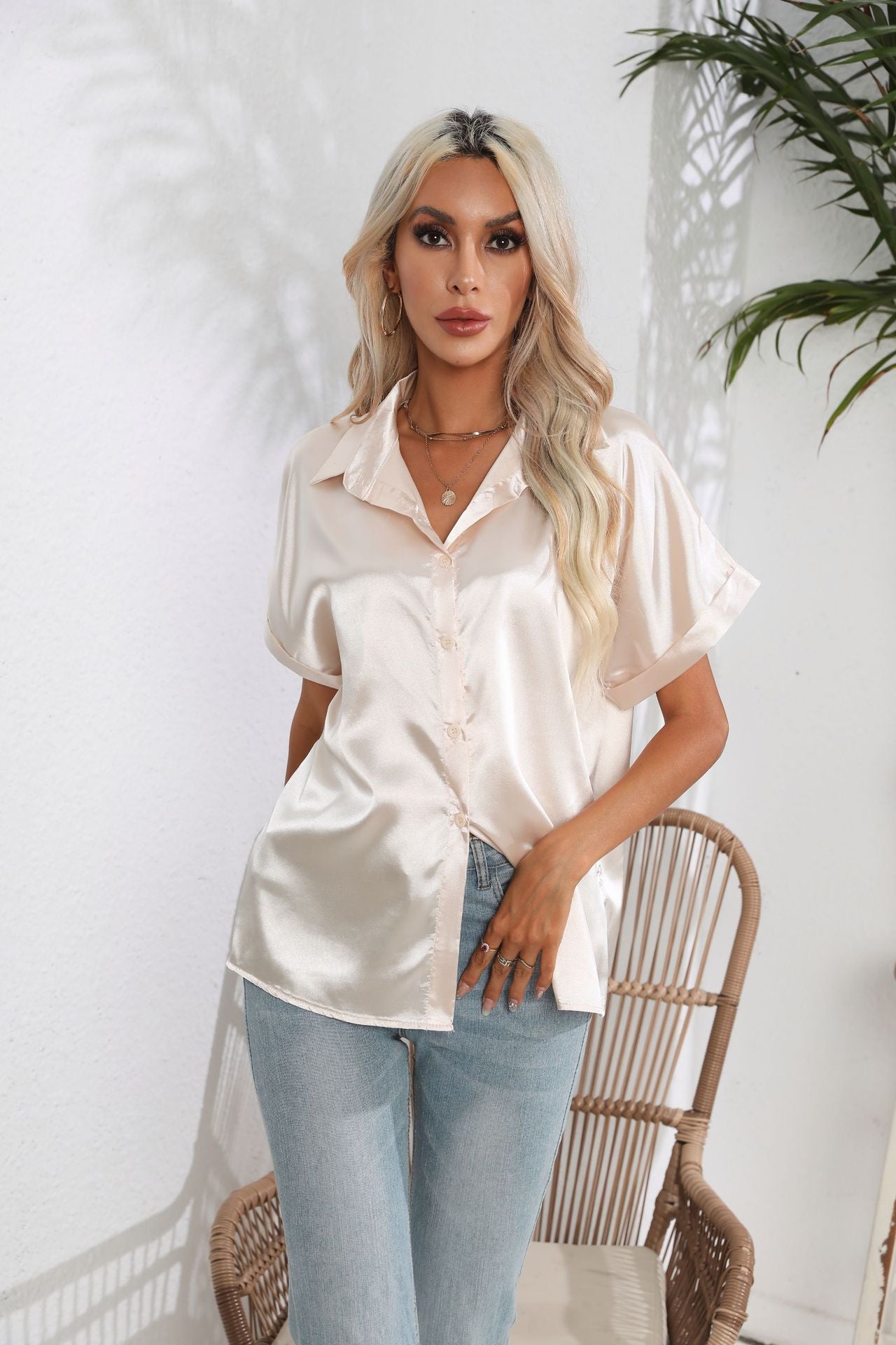 Women's New Satin Short-sleeved Shirt Clothes Blouses