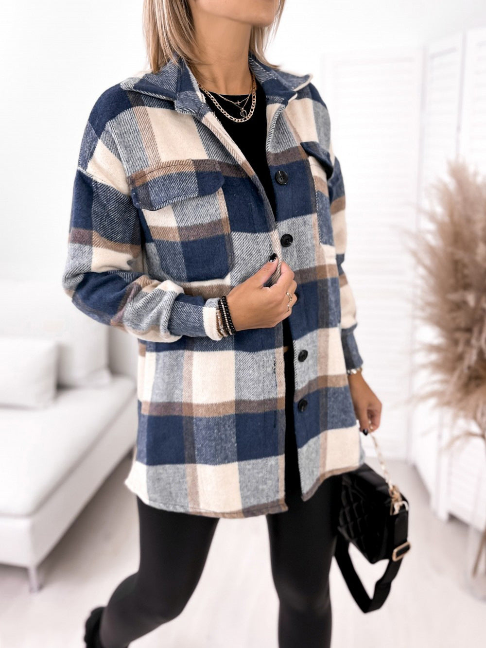 Long Sleeve Single-breasted Plaid Printed Collar Coats