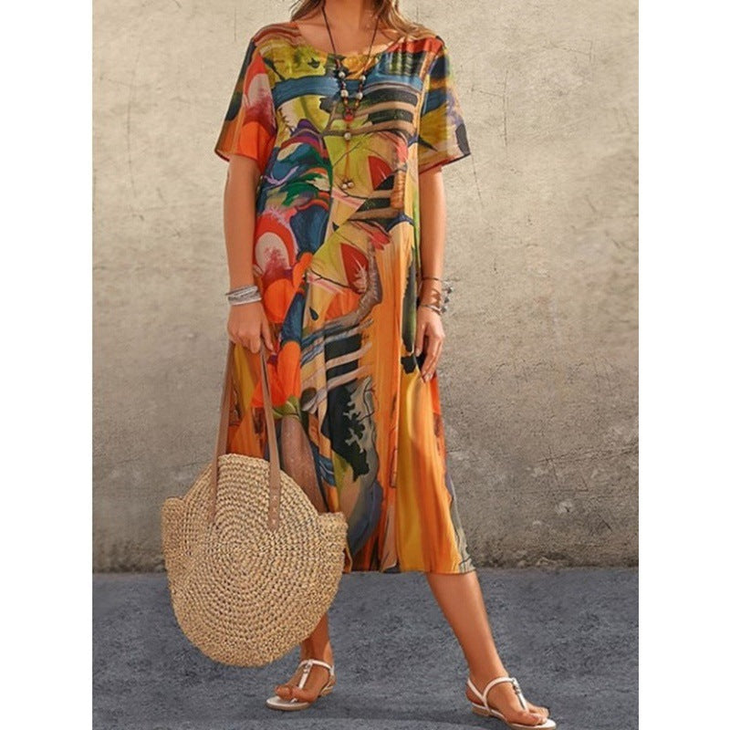 Printing Summer Sleeve Loose Round Neck Dresses