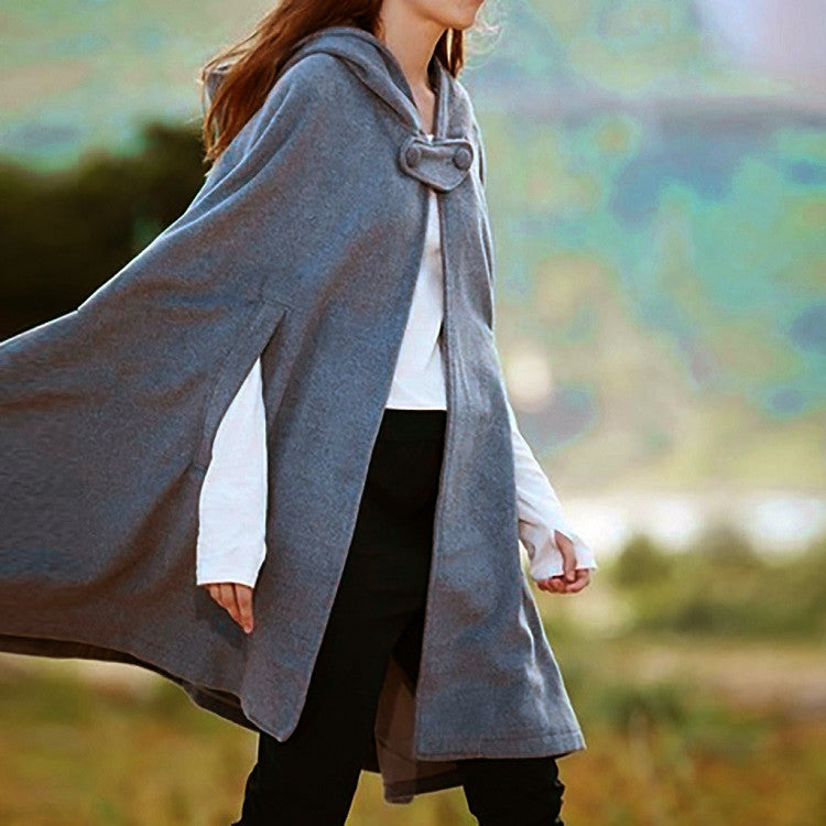 Women's Loose Hooded Button Woolen Shawl Tops