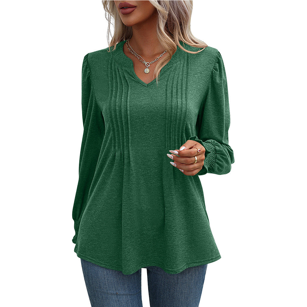 Women's Solid Color Casual Puff Sleeve Smocking Blouses