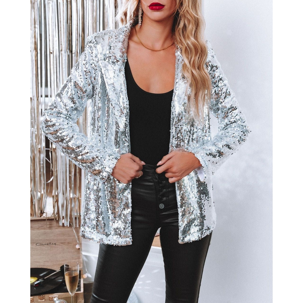 Spring Fashionable Sequins Lapel Casual West Coats