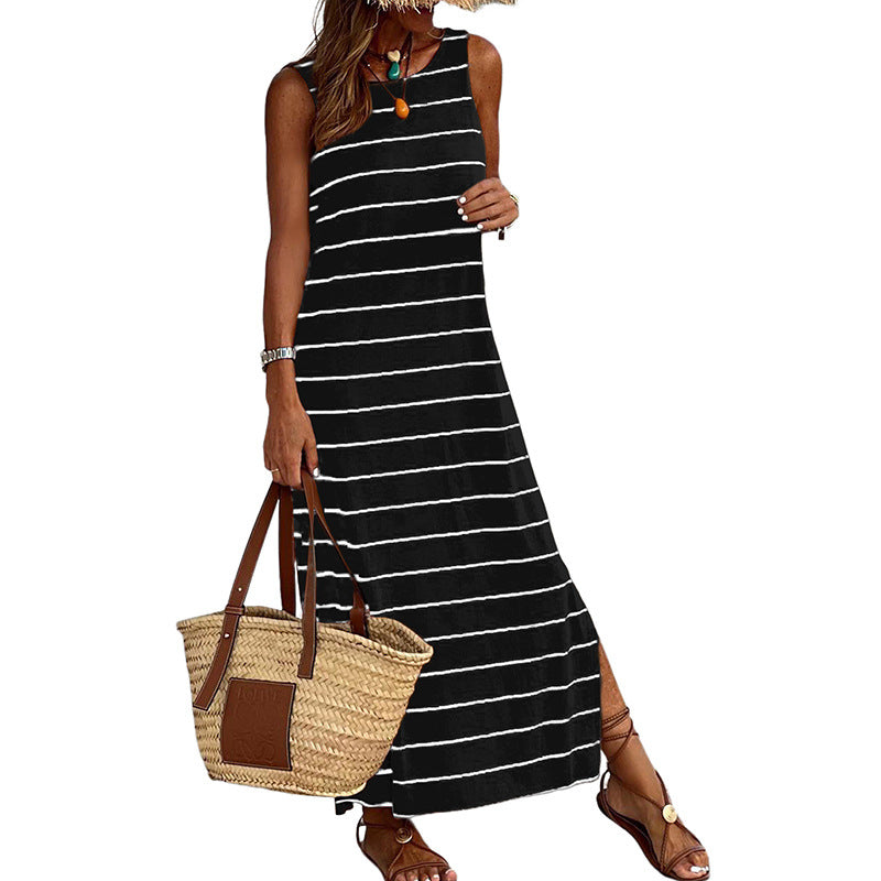 Summer Striped Printed Dress Round Neck Sleeveless High Waist Dresses