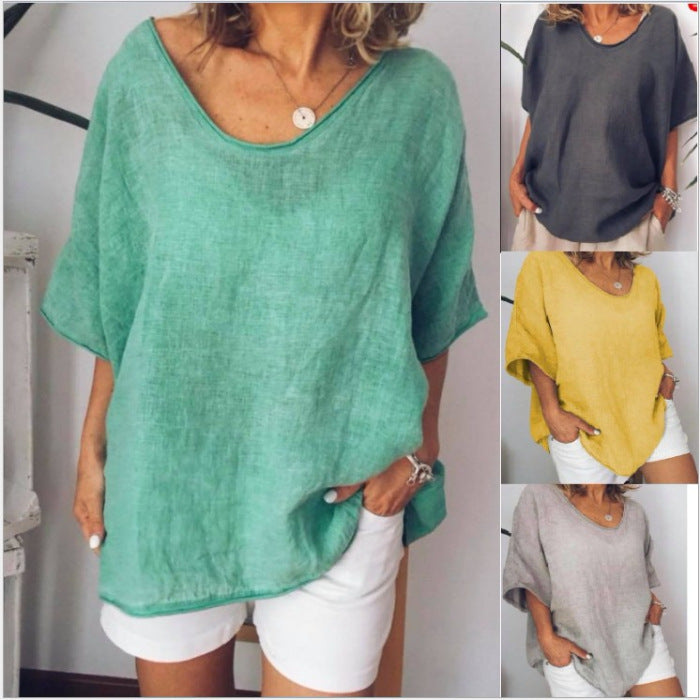 Women's Summer Solid Color Loose Short-sleeved Casual Cotton Blouses
