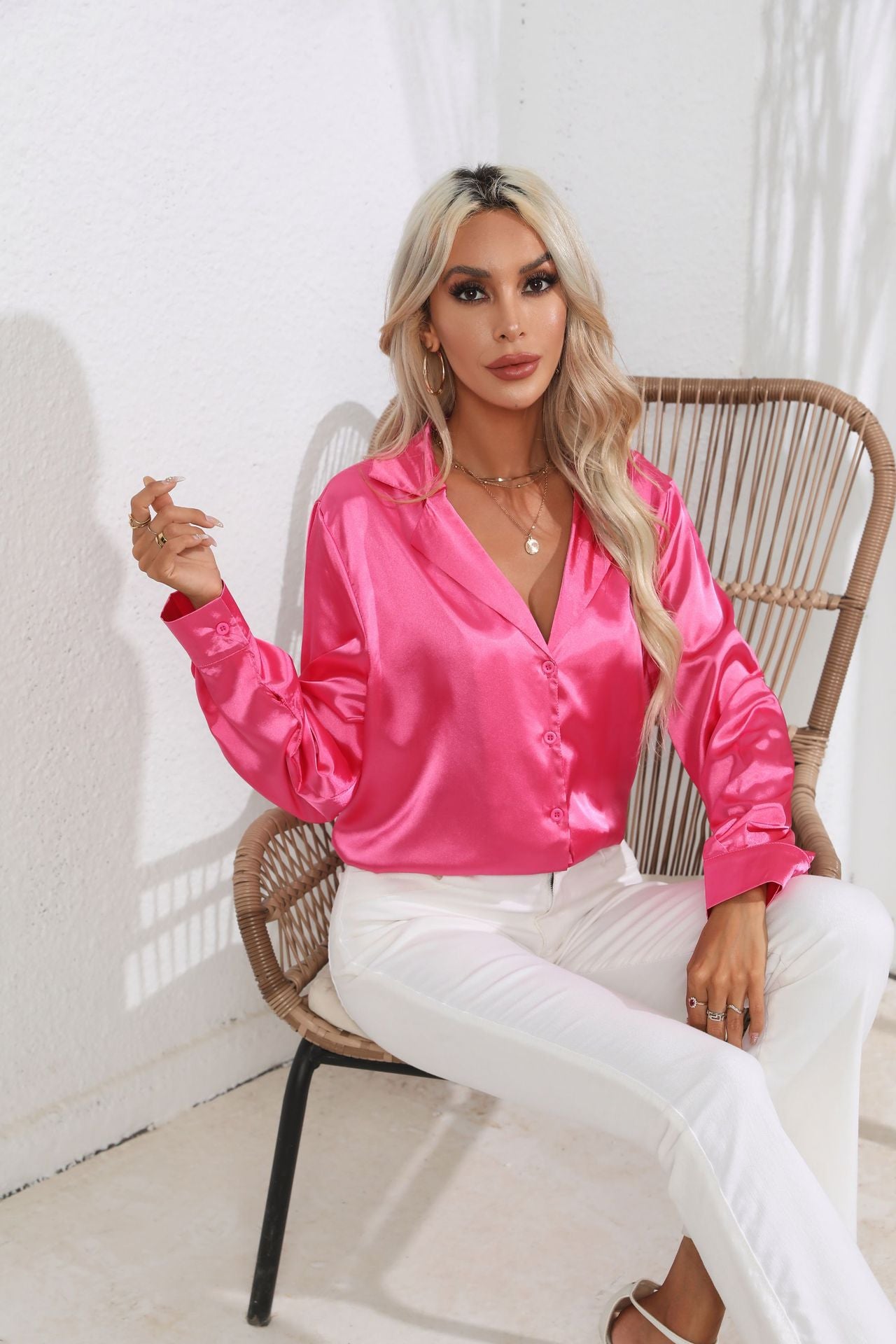 Women's Unique Collar Satin Shirt Long-sleeved Blouses