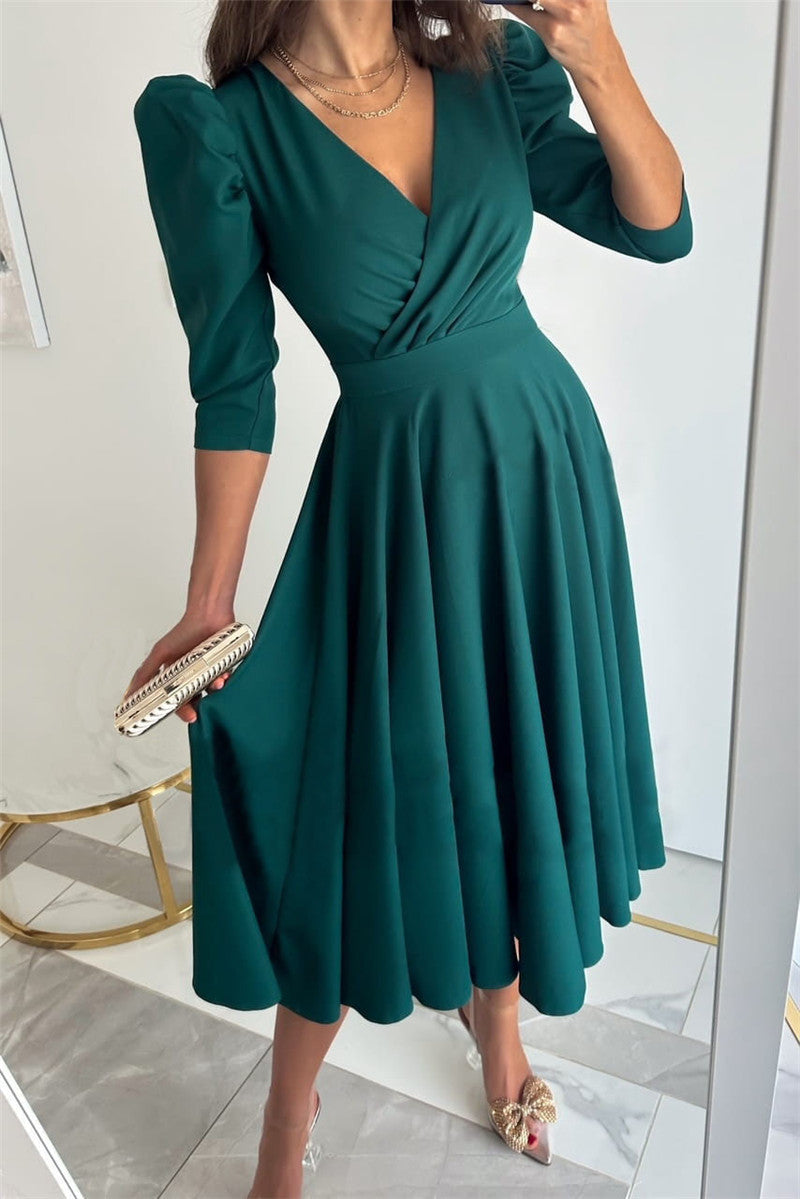 Women's Solid Color Pleated Waist Tight Sleeve Dresses