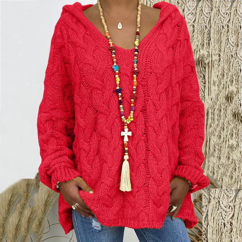 Women's Long Sleeve Hood Knitted Loose Pullover Sweaters