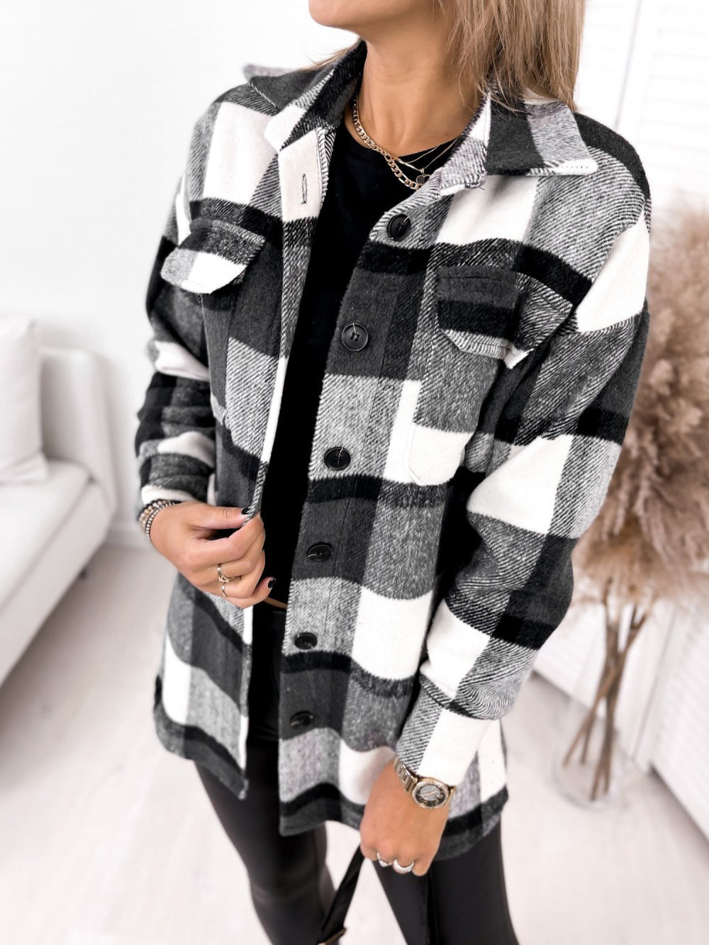 Long Sleeve Single-breasted Plaid Printed Collar Coats