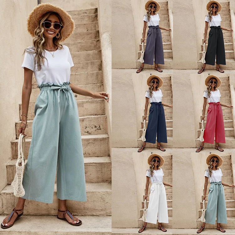 Women's Waist Solid Color Cotton Linen Belt Wide-leg Pants