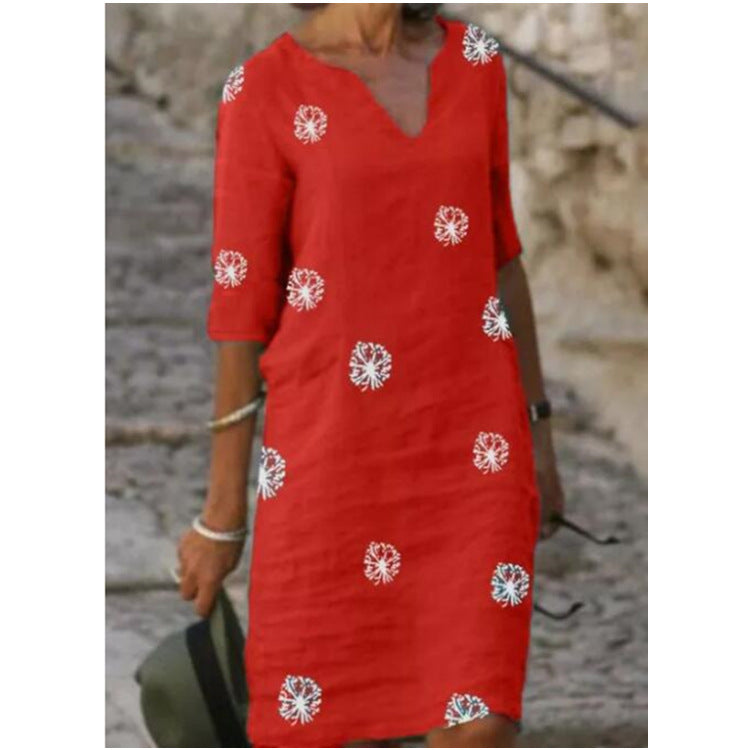 Women's Retro Cotton Linen Printing Stitching Small V-neck Long-sleeve Dresses