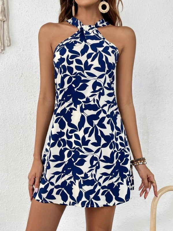 Women's Printed Sleeveless Backless Ruffled Halter Dress Dresses