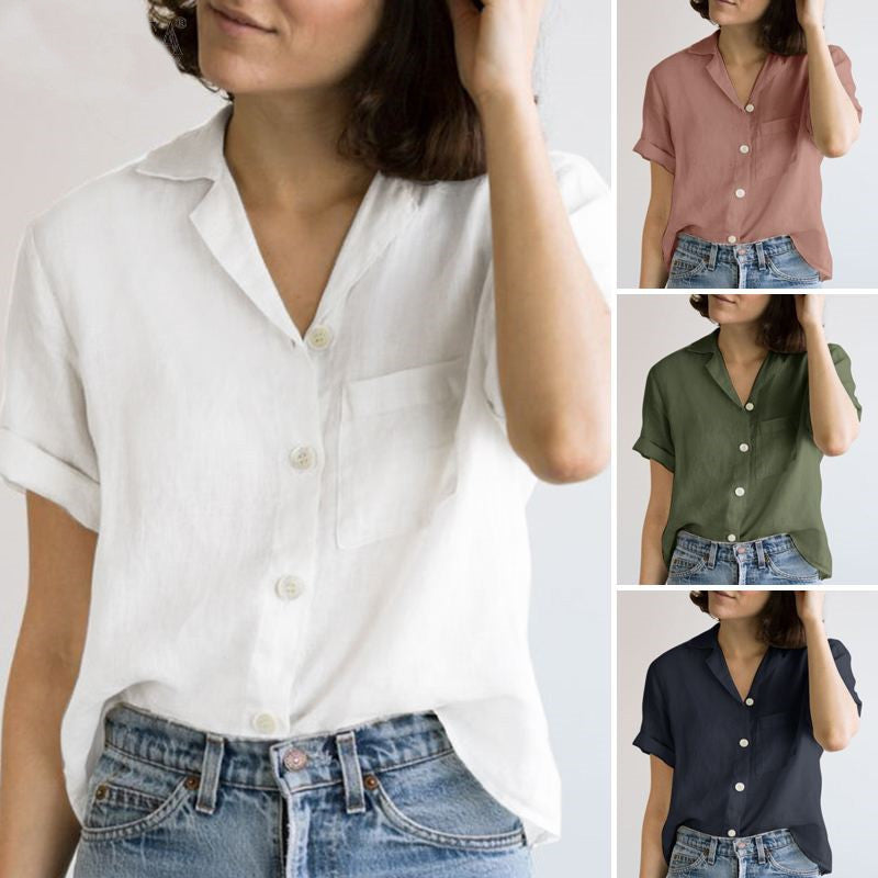 Women's Shirt Solid Color Cotton Linen Pocket Blouses