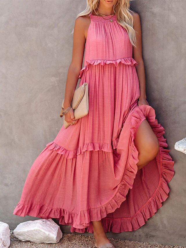 Women's Style Ruffled Long Dress Wide Hem Dresses