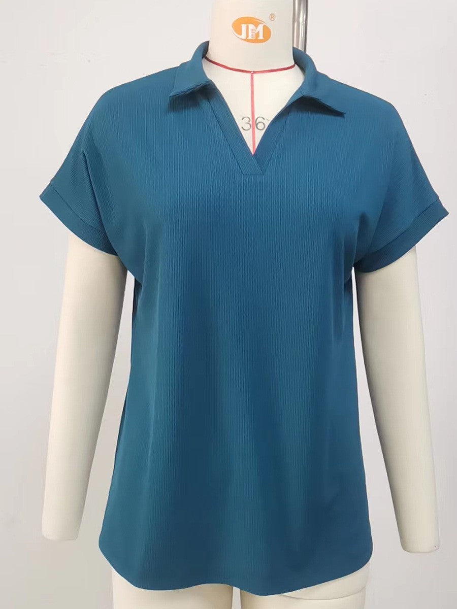 Women's Solid Color Polo Collar Short-sleeved T-shirt Blouses