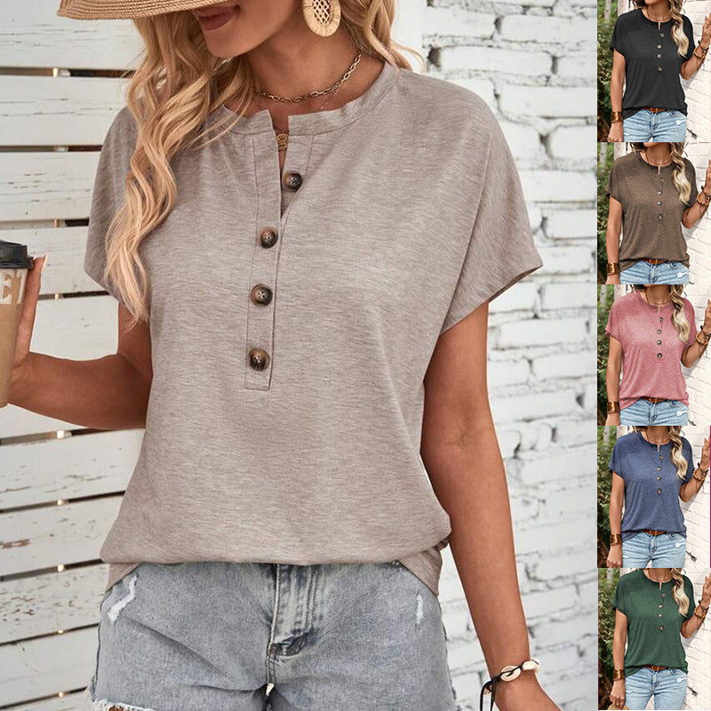 Women's Solid Color Button Fashion Sleeve T-shirt Blouses