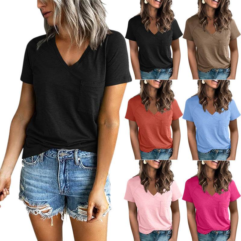 Women's Fashion Pocket Split Raglan Short-sleeved T-shirt Blouses