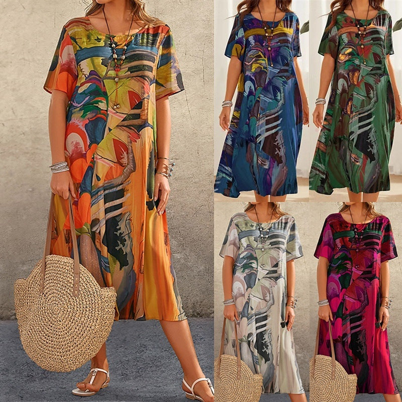 Printing Dress Summer Short-sleeved Waist Round Dresses