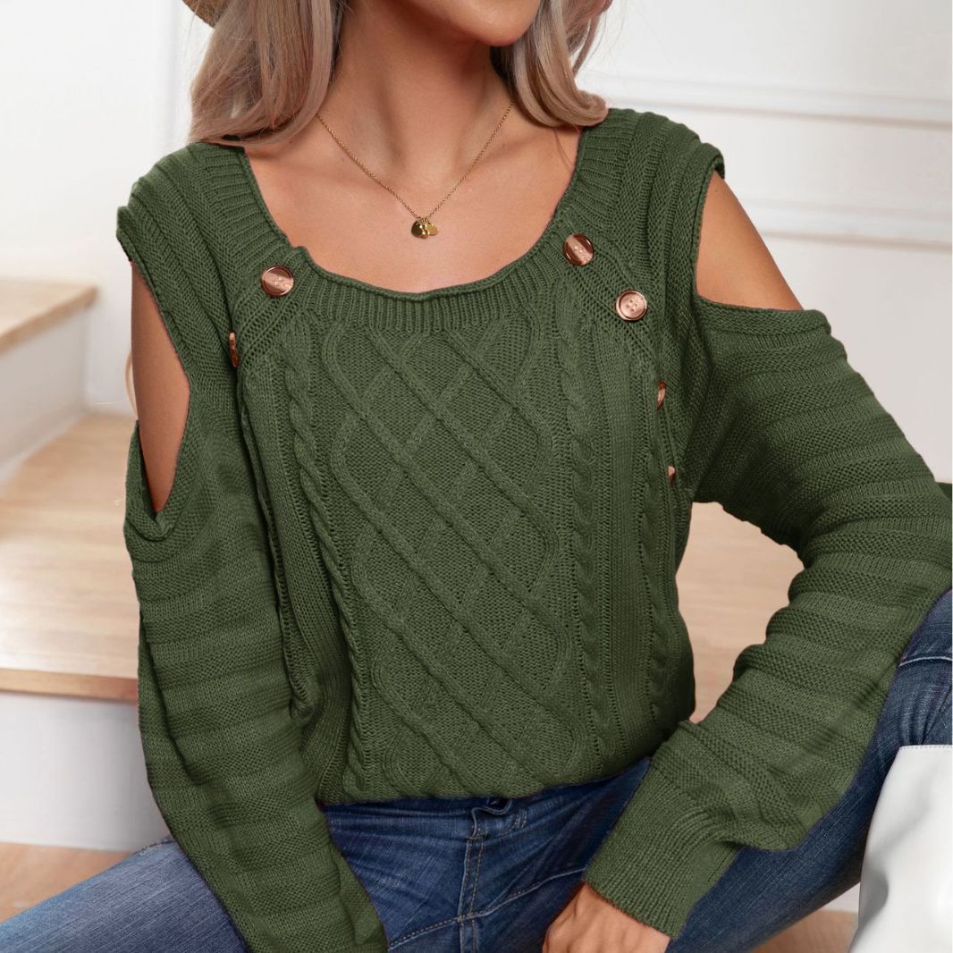 Women's Button Square Collar Long Sleeve Twisted Sweaters