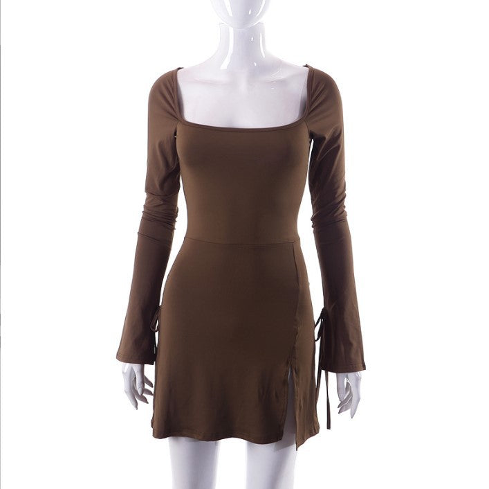 Women's Long Sleeve Solid Color Square Collar Slim Dresses